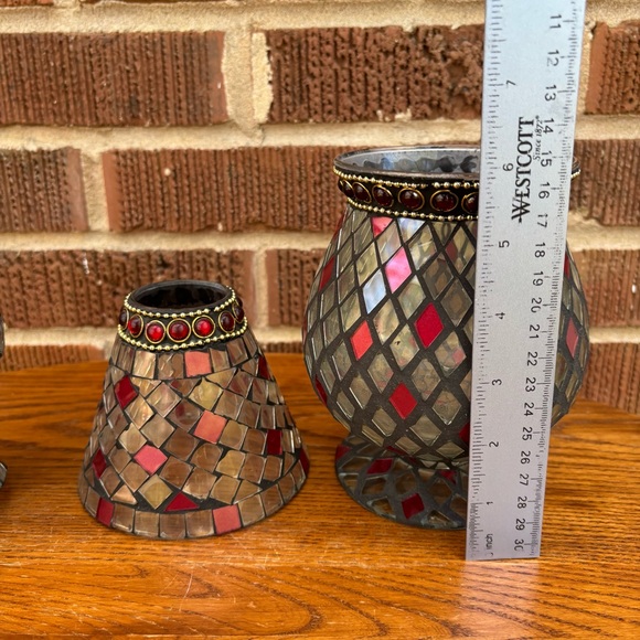 Mosaic Votive Candle Holders Clear Red Colors Bohemian Decor Set of 2 - Picture 5 of 10